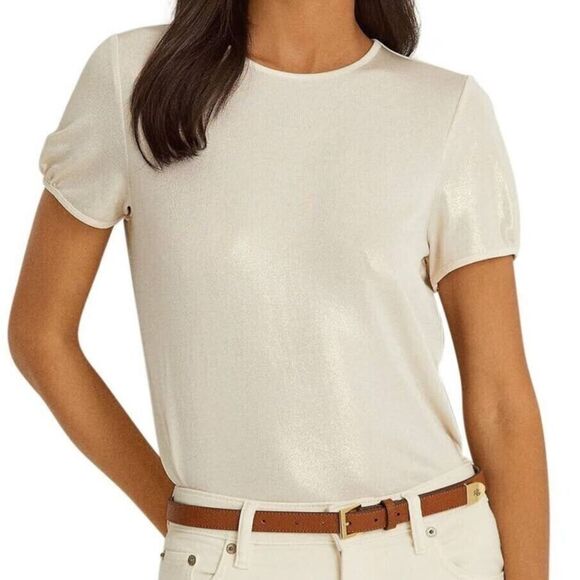 Lauren Ralph Lauren Women's Sz XL Winter Cream Foiled-Metallic Jersey Tee $80 - Picture 9 of 11